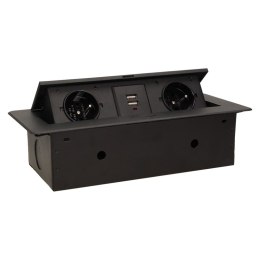 GNIAZDA WPUSZCZANE W BLAT 2X2P+Z, 2XUSB PŁASKI RANT CZARNY ORNO
