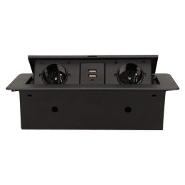 GNIAZDA WPUSZCZANE W BLAT 2X2P+Z, 2XUSB PŁASKI RANT CZARNY ORNO