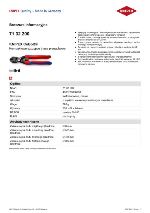 KOMPAKTOWE SZCZYPCE TNĄCE PRZEGUBOWE COBOLT 200MM KOMPAKTOWE SZCZYPCE TNĄCE PRZEGUBOWE COBOLT 200MM