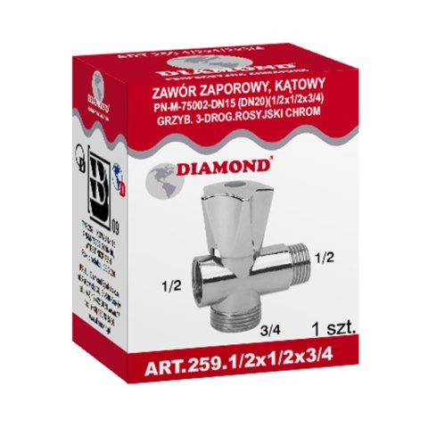 ZAWÓR KĄTOWY Z PRZEDŁUŻKĄ 3-WYJŚCIA 1/2*1/2*3/4 DIAMOND