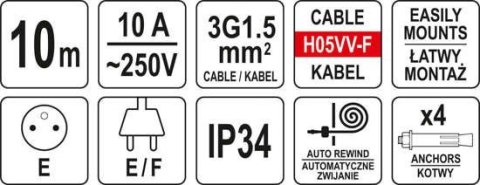 PRZEDŁUŻACZ ELEKTRYCZNY NA ZWIJAKU AUTOMAT 10M YATO PRZEDŁUŻACZ ELEKTRYCZNY NA ZWIJAKU AUTOMAT 10M YATO