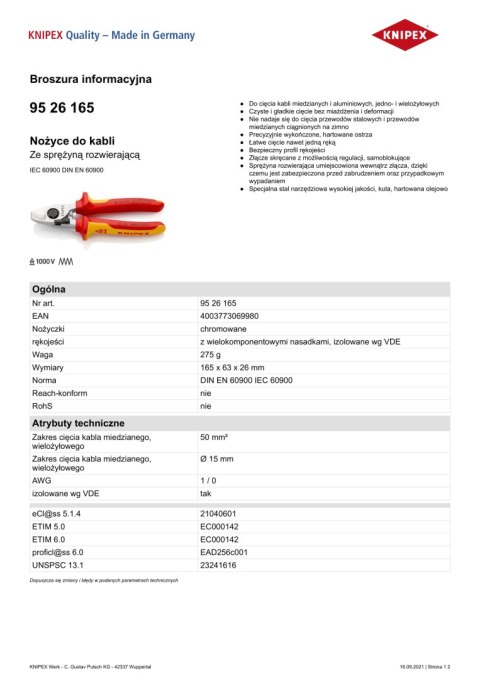 NOŻYCE DO KABLI ZE SPRĘŻYNĄ ROZWIERAJĄCĄ IZOLOWANE 165MM KNIPEX NOŻYCE DO KABLI ZE SPRĘŻYNĄ ROZWIERAJĄCĄ IZOLOWANE 165MM KNIPEX