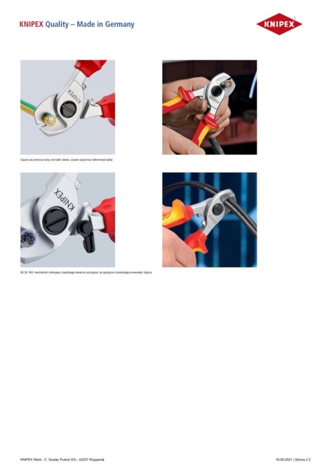 NOŻYCE DO KABLI ZE SPRĘŻYNĄ ROZWIERAJĄCĄ IZOLOWANE 165MM KNIPEX NOŻYCE DO KABLI ZE SPRĘŻYNĄ ROZWIERAJĄCĄ IZOLOWANE 165MM KNIPEX
