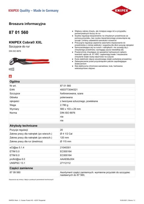 SZCZYPCE DO RUR COBRA XXL 560MM KNIPEX SZCZYPCE DO RUR COBRA XXL 560MM KNIPEX