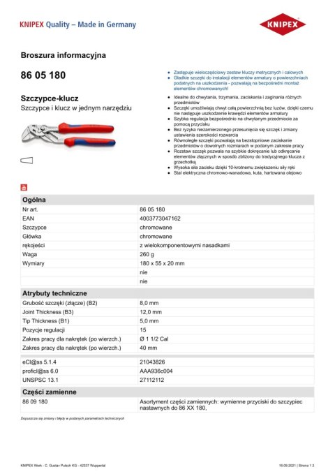 SZCZYPCE-KLUCZ 180MM KNIPEX SZCZYPCE-KLUCZ 180MM KNIPEX