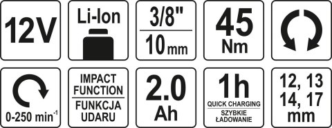 GRZECHOTKA UDAROWA 12V 2.0AH 60MIN 45NM YATO GRZECHOTKA UDAROWA 12V 2.0AH 60MIN 45NM YATO