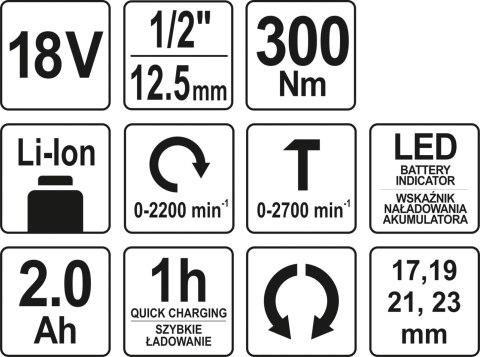 KLUCZ UDAROWY 18V 1/2'' 300NM 2.0AH YATO KLUCZ UDAROWY 18V 1/2'' 300NM 2.0AH YATO