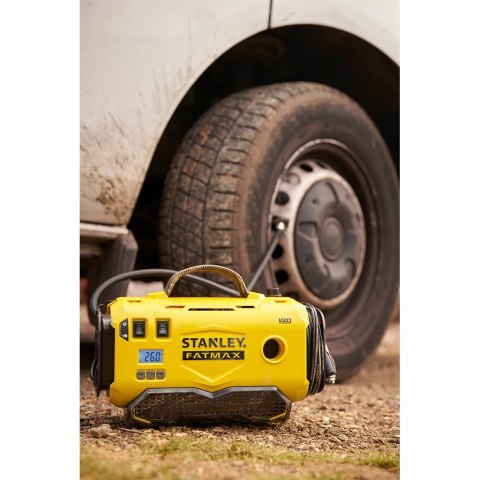 KOMPRESOR AKUMULATOROWY 12/18/230V V20 0*AH STANLEY FATMAX | WIELOFUNKCYJNY | ZASILANY AKUMULATOREM | DO 160 PSI KOMPRESOR AKUMULATOROWY 12/18/230V V20 0*AH STANLEY FATMAX | WIELOFUNKCYJNY | ZASILANY AKUMULATOREM | DO 160 PSI