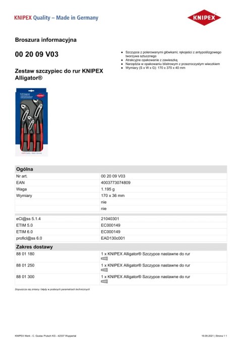 ZESTAW SZCZYPIEC COBRA 3CZ. KNIPEX ZESTAW SZCZYPIEC COBRA 3CZ. KNIPEX