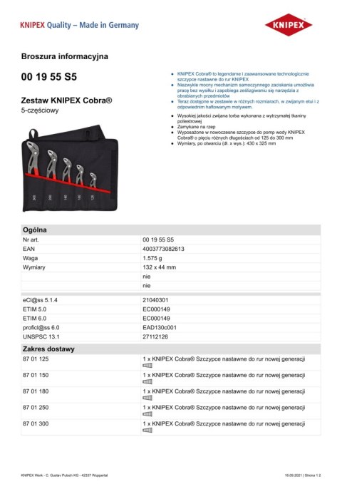 ZESTAW SZCZYPIEC DO RUR W ETUI 5-CZĘŚC 125,150,180,250,300MM KNIPEX ZESTAW SZCZYPIEC DO RUR W ETUI 5-CZĘŚC 125,150,180,250,300MM KNIPEX