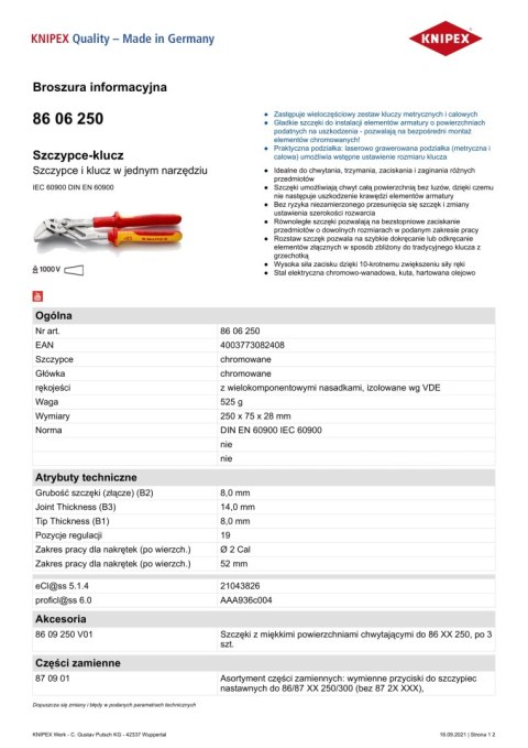 SZCZYPCE-KLUCZ 250MM VDE 1000V KNIPEX SZCZYPCE-KLUCZ 250MM VDE 1000V KNIPEX