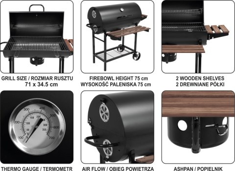 GRILL WĘGLOWY Z POKRYWĄ, RUSZT 71*34.5CM LUND GRILL WĘGLOWY Z POKRYWĄ, RUSZT 71*34.5CM LUND