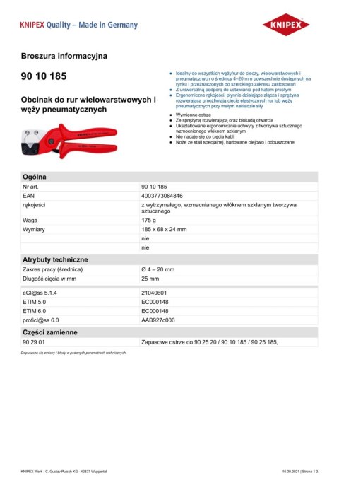 OBCINAK DO RUR WIELOWARSTWOWYCH I WĘŻY PNEUMATYCZNYCH 185MM KNIPEX OBCINAK DO RUR WIELOWARSTWOWYCH I WĘŻY PNEUMATYCZNYCH 185MM KNIPEX