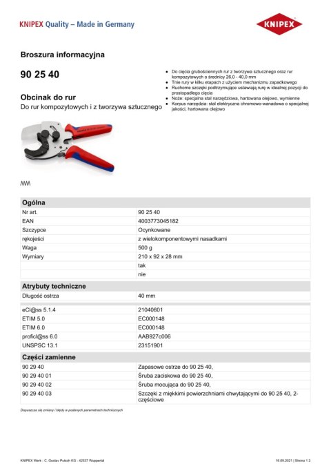 OBCINAK DO RUR KOMPOZYTOWYCH I Z TWORZYWA 210MM KNIPEX OBCINAK DO RUR KOMPOZYTOWYCH I Z TWORZYWA 210MM KNIPEX