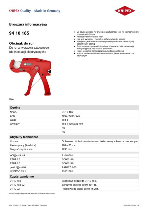 OBCINAK DO RUR Z TWORZYWA I INSTALACJIELEKTR.185MM KNIPEX OBCINAK DO RUR Z TWORZYWA I INSTALACJIELEKTR.185MM KNIPEX