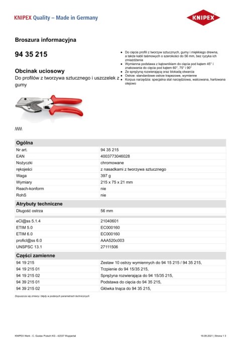 OBCINAK UCIOSOWY DO PROFILI Z TWORZYWA SZTUCZNEGO 215MM KNIPEX OBCINAK UCIOSOWY DO PROFILI Z TWORZYWA SZTUCZNEGO 215MM KNIPEX
