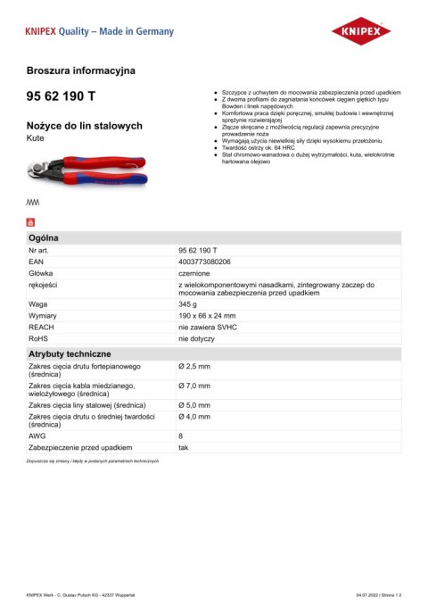 NOŻYCE DO LIN STALOWYCH KUTE 190MM. KNIPEX NOŻYCE DO LIN STALOWYCH KUTE 190MM. KNIPEX