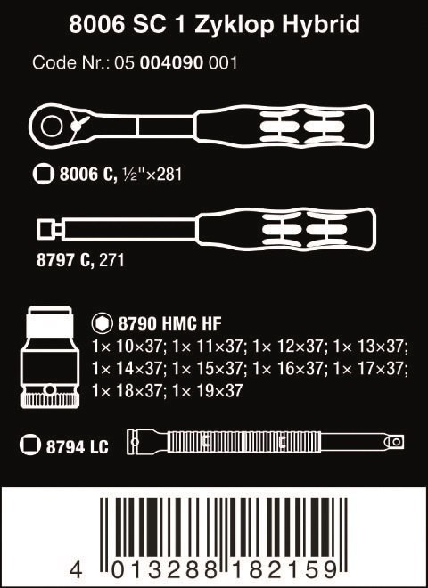 ZESTAW KLUCZY NASADOWYCH Z GRZECHOTKĄ ZYKLOP HYBRID 1/2'' WERA ZESTAW KLUCZY NASADOWYCH Z GRZECHOTKĄ ZYKLOP HYBRID 1/2'' WERA