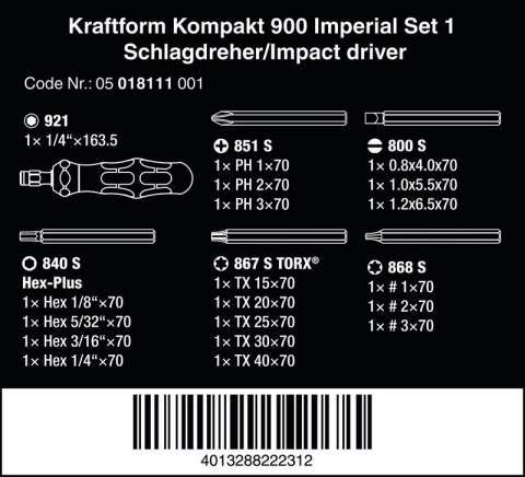 WKRĘTAK UDAROWY KRAFTFORM KOMPAKT 900 IMPERIAL, SET 1, 19CZ. WERA WKRĘTAK UDAROWY KRAFTFORM KOMPAKT 900 IMPERIAL, SET 1, 19CZ. WERA