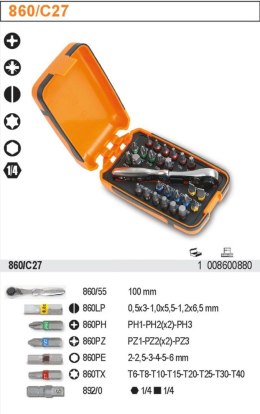ZESTAW KOŃCÓWEK WKRĘTAKOWYCH 1/4'' Z UCHWYTEM, 27EL. BETA