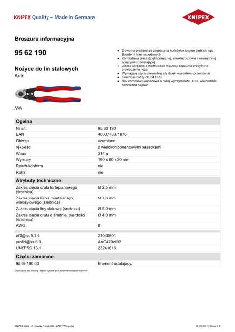 NOŻYCE DO LIN STALOWYCH 190MM. KNIPEX NOŻYCE DO LIN STALOWYCH 190MM. KNIPEX