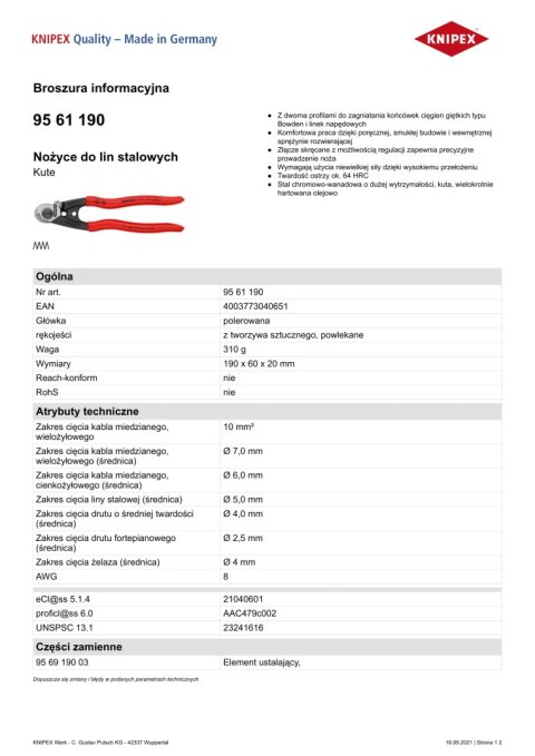 NOŻYCE DO LIN STALOWYCH KNIPEX NOŻYCE DO LIN STALOWYCH KNIPEX
