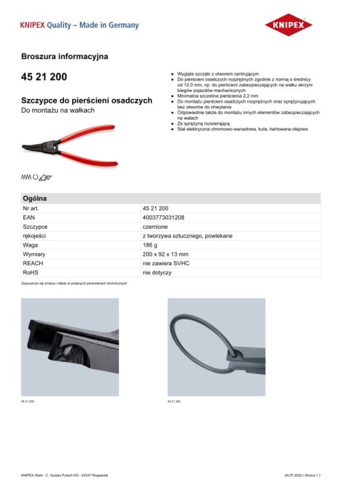 SZCZYPCE DO PIERŚCIENI OSADCZYCH, POWLEANE 200MM. KNIPEX SZCZYPCE DO PIERŚCIENI OSADCZYCH, POWLEANE 200MM. KNIPEX