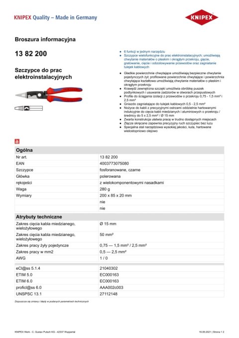 SZCZYPCE DO PRAC ELEKTROINSTALACYJNYCH 200MM KNIPEX SZCZYPCE DO PRAC ELEKTROINSTALACYJNYCH 200MM KNIPEX