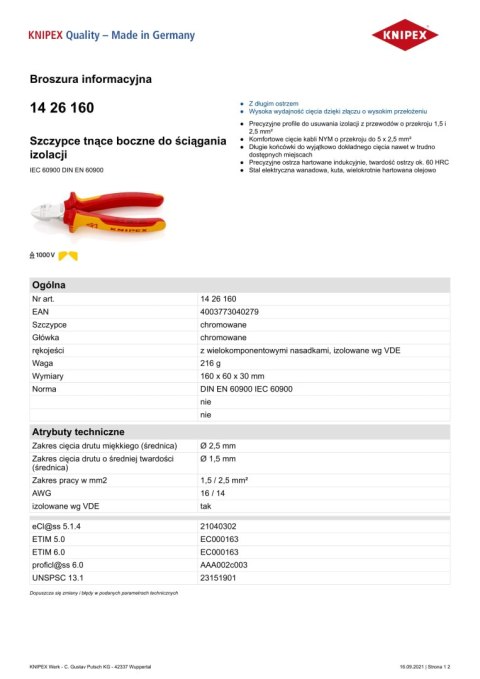SZCZYPCE TNĄCE BOCZNE DO ŚCIĄGANIA IZOLACJI 160MM KNIPEX SZCZYPCE TNĄCE BOCZNE DO ŚCIĄGANIA IZOLACJI 160MM KNIPEX