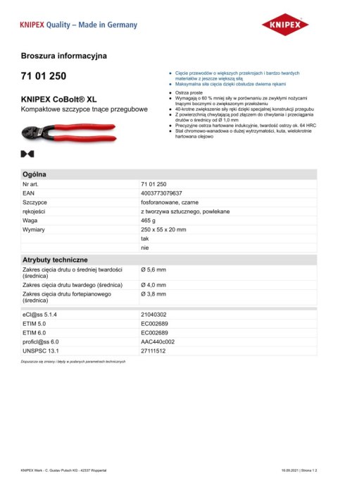 SZCZYPCE TNĄCE PRZEGUBOWE COBOLT XL 250MM KNIPEX SZCZYPCE TNĄCE PRZEGUBOWE COBOLT XL 250MM KNIPEX