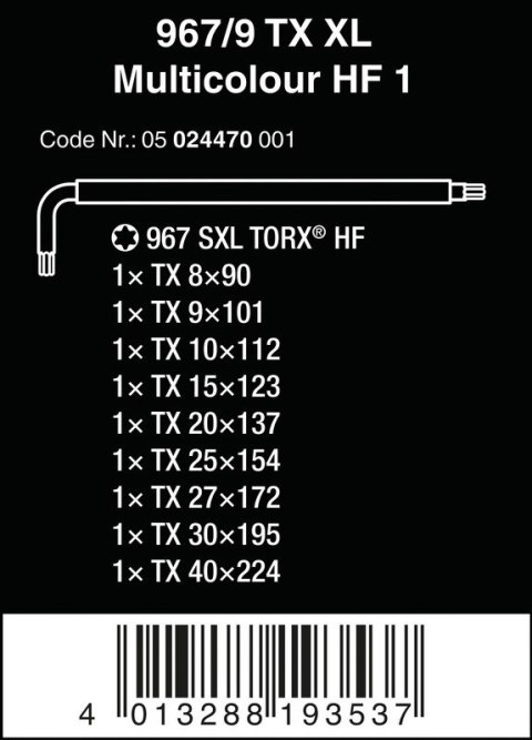 ZESTAW KLUCZY TRZPIENIOWYCH TORX 967/9 TX XL MULTIC TX8-TX40 WERA ZESTAW KLUCZY TRZPIENIOWYCH TORX 967/9 TX XL MULTIC TX8-TX40 WERA