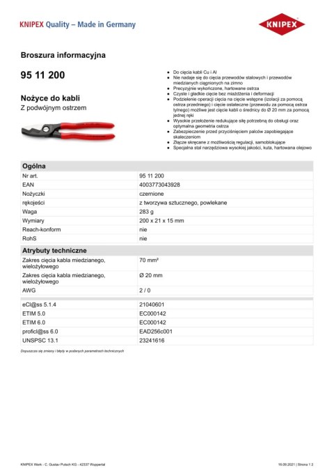 NOŻYCE DO KABLI 200MM KNIPEX NOŻYCE DO KABLI 200MM KNIPEX