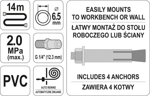 PRZEWÓD PNEUMATYCZNY NA ZWIJAKU AUTOMATYCZNYM 6.3MM 14M YATO PRZEWÓD PNEUMATYCZNY NA ZWIJAKU AUTOMATYCZNYM 6.3MM 14M YATO