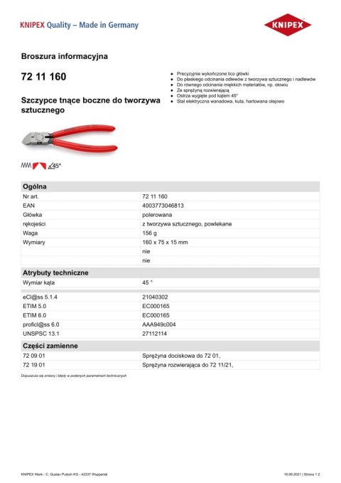 SZCZYPCE TNĄCE BOCZNE DO TWORZYWA SZTUCZNEGO 45 ° 160MM KNIPEX SZCZYPCE TNĄCE BOCZNE DO TWORZYWA SZTUCZNEGO 45 ° 160MM KNIPEX