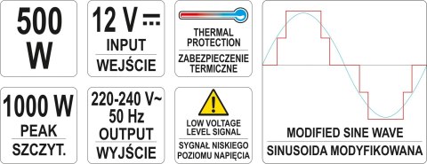 PRZETWORNICA NAPIĘCIA 12/230V 500W YATO PRZETWORNICA NAPIĘCIA 12/230V 500W YATO