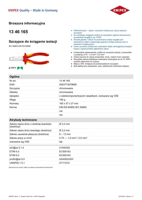 SZCZYPCE DO ŚCIĄGANIA IZOLACJI 165MM KNIPEX SZCZYPCE DO ŚCIĄGANIA IZOLACJI 165MM KNIPEX