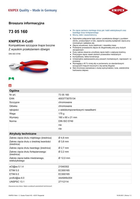 SZCZYPCE TNĄCE BOCZNE X-CUT 160MM,WYSOKIE PRZEŁOŻENIE DŹWIGN KNIPEX SZCZYPCE TNĄCE BOCZNE X-CUT 160MM,WYSOKIE PRZEŁOŻENIE DŹWIGN KNIPEX