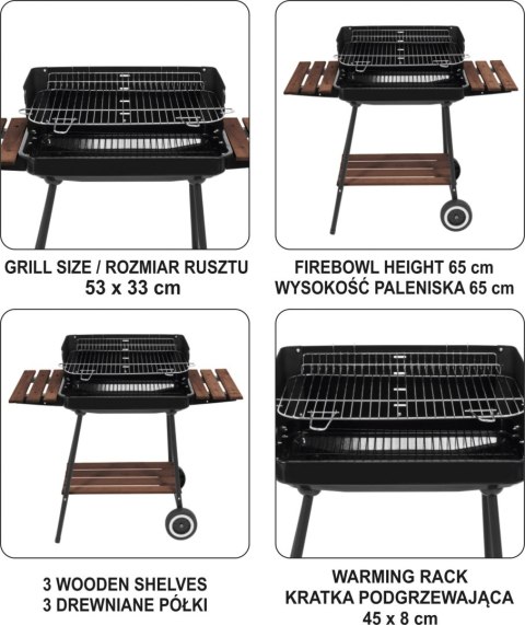 GRILL WĘGLOWY Z PÓŁKAMI, RUSZT 53*33CM LUND GRILL WĘGLOWY Z PÓŁKAMI, RUSZT 53*33CM LUND