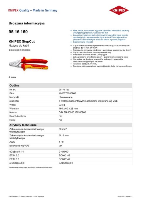 NOŻYCE DO KABLI IZOLOWANE 1000V 160MM KNIPEX NOŻYCE DO KABLI IZOLOWANE 1000V 160MM KNIPEX