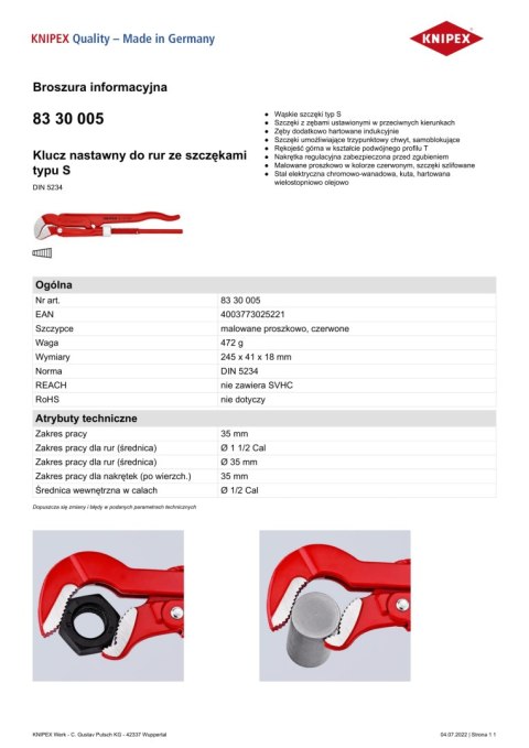 KLUCZ NASTAWNY DO RUR ZE SZCZĘKAMI TYPU S KNIPEX KLUCZ NASTAWNY DO RUR ZE SZCZĘKAMI TYPU S KNIPEX