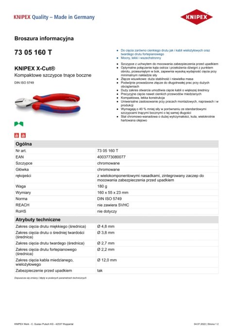 KOMPAKTOWE SZCZYPCE TNĄCE BOCZNE X-CUT 160MM KNIPEX KOMPAKTOWE SZCZYPCE TNĄCE BOCZNE X-CUT 160MM KNIPEX