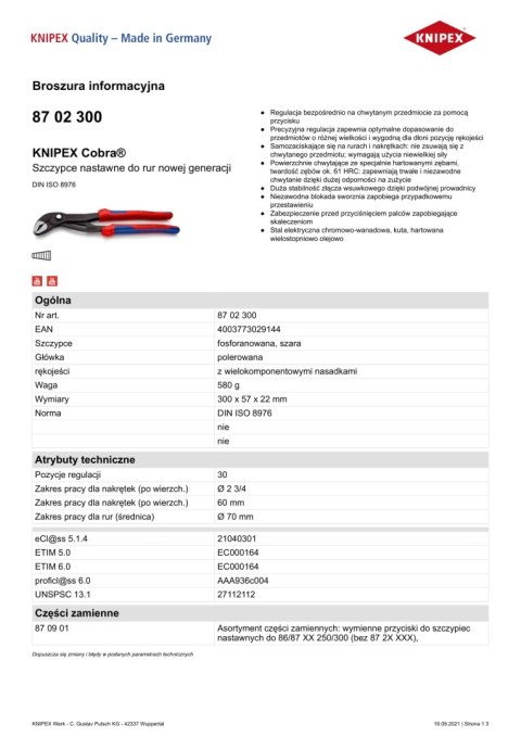 SZCZYPCE DO RUR COBRA 300MM KNIPEX SZCZYPCE DO RUR COBRA 300MM KNIPEX