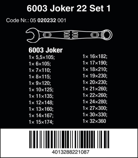 ZESTAW KLUCZY PŁASKO-OCZKOWYCH 6003 JOKER 22 SET 1, 22SZT. WERA ZESTAW KLUCZY PŁASKO-OCZKOWYCH 6003 JOKER 22 SET 1, 22SZT. WERA