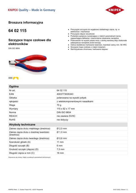 SZCZYPCE TNĄCE CZOŁOWE DLA ELEKTRONIKÓW KNIPEX SZCZYPCE TNĄCE CZOŁOWE DLA ELEKTRONIKÓW KNIPEX