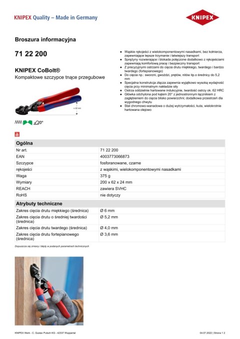 SZCZYPCE TNĄCE PRZEGUBOWE KOMPAKTOWE COBOLT 200MM KNIPEX SZCZYPCE TNĄCE PRZEGUBOWE KOMPAKTOWE COBOLT 200MM KNIPEX