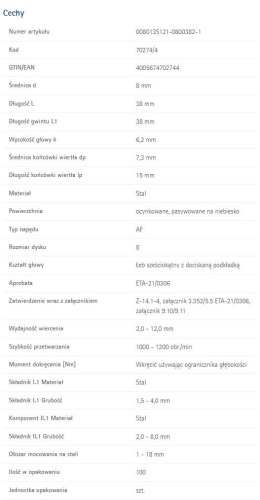 WKRĘT SAMOWIERCĄCY 8*38MM RS-K12 RYGLOWY UN