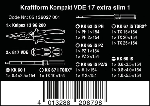 ZESTAW KRAFTFORM KOMPAKT VDE 17 EXTRA SLIM 1, 16 CZĘŚĆ WERA ZESTAW KRAFTFORM KOMPAKT VDE 17 EXTRA SLIM 1, 16 CZĘŚĆ WERA