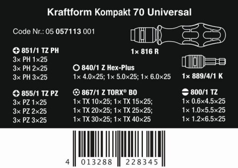 ZESTAW KRAFTFORM KOMPAKT 70 UNIVERSAL, 32 CZĘŚĆ WERA ZESTAW KRAFTFORM KOMPAKT 70 UNIVERSAL, 32 CZĘŚĆ WERA
