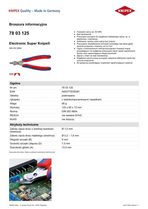 SZCZYPCE DO CIĘCIA 125MM ELECTRONIC SUPER KNIPS KNIPEX SZCZYPCE DO CIĘCIA 125MM ELECTRONIC SUPER KNIPS KNIPEX