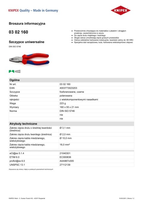 SZCZYPCE UNIWERSALNE PVC 160MM KNIPEX SZCZYPCE UNIWERSALNE PVC 160MM KNIPEX